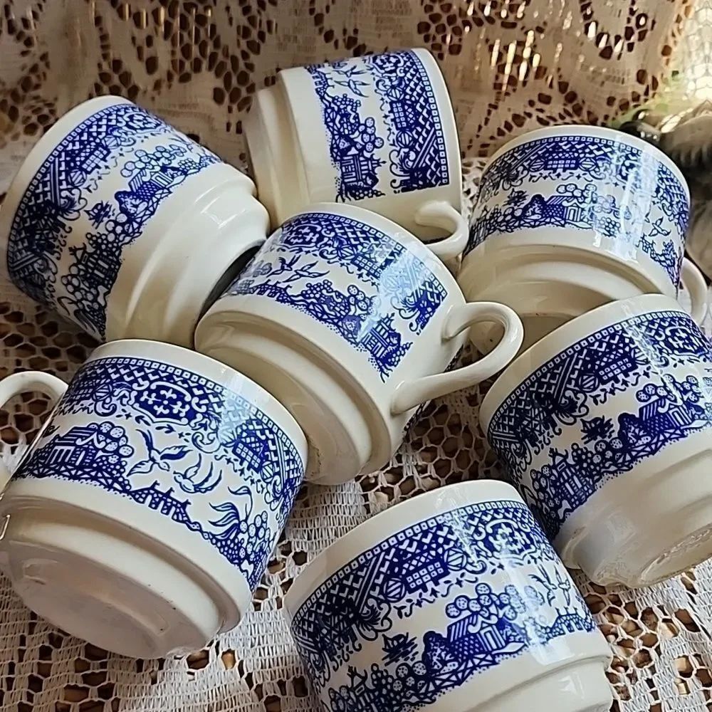 Vintage Chinoiserie Blue Willow Love Birds Coffee Tea Cocoa Mugs Set Of 7